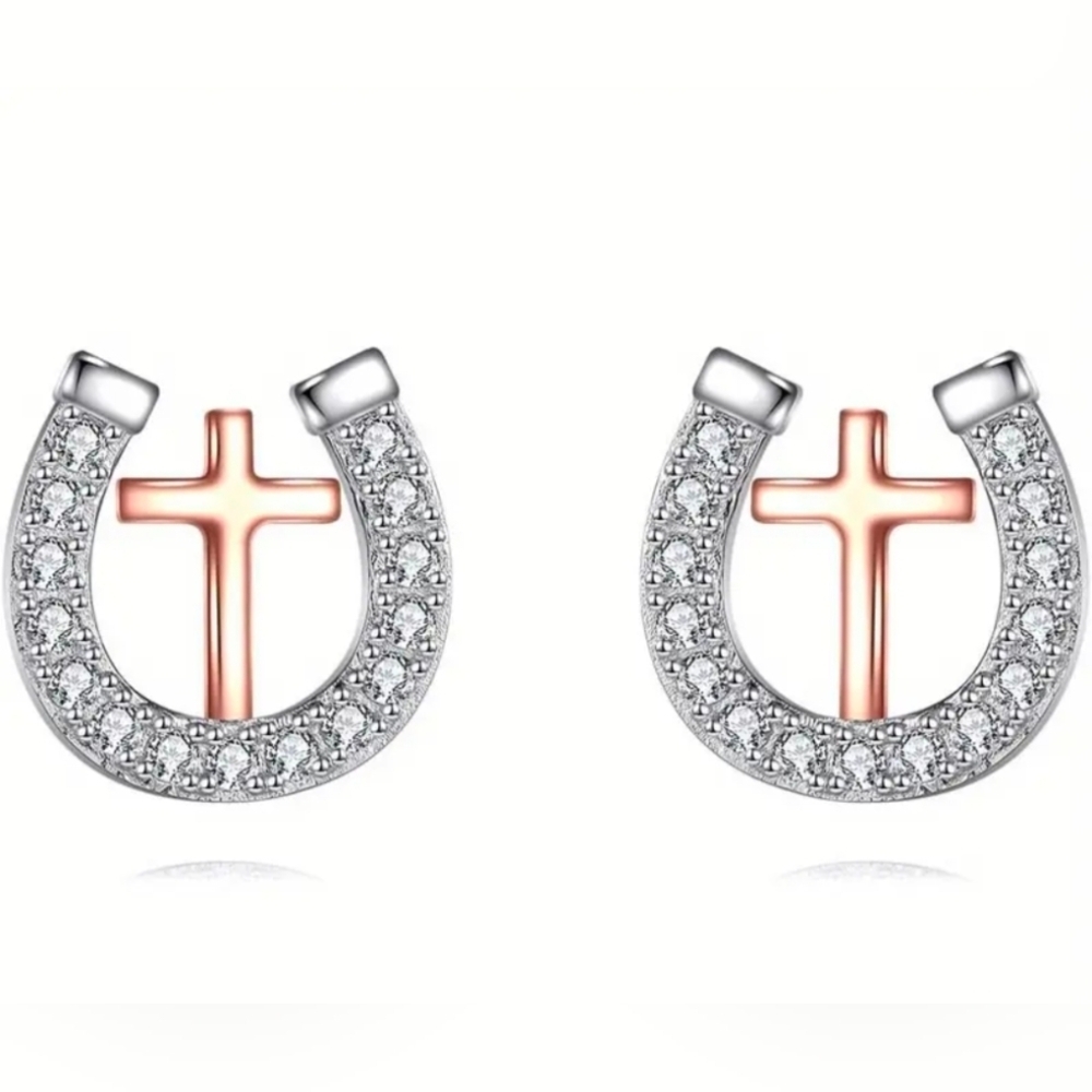 Silver and Gold Cross Horseshoe Earrings Studs S925